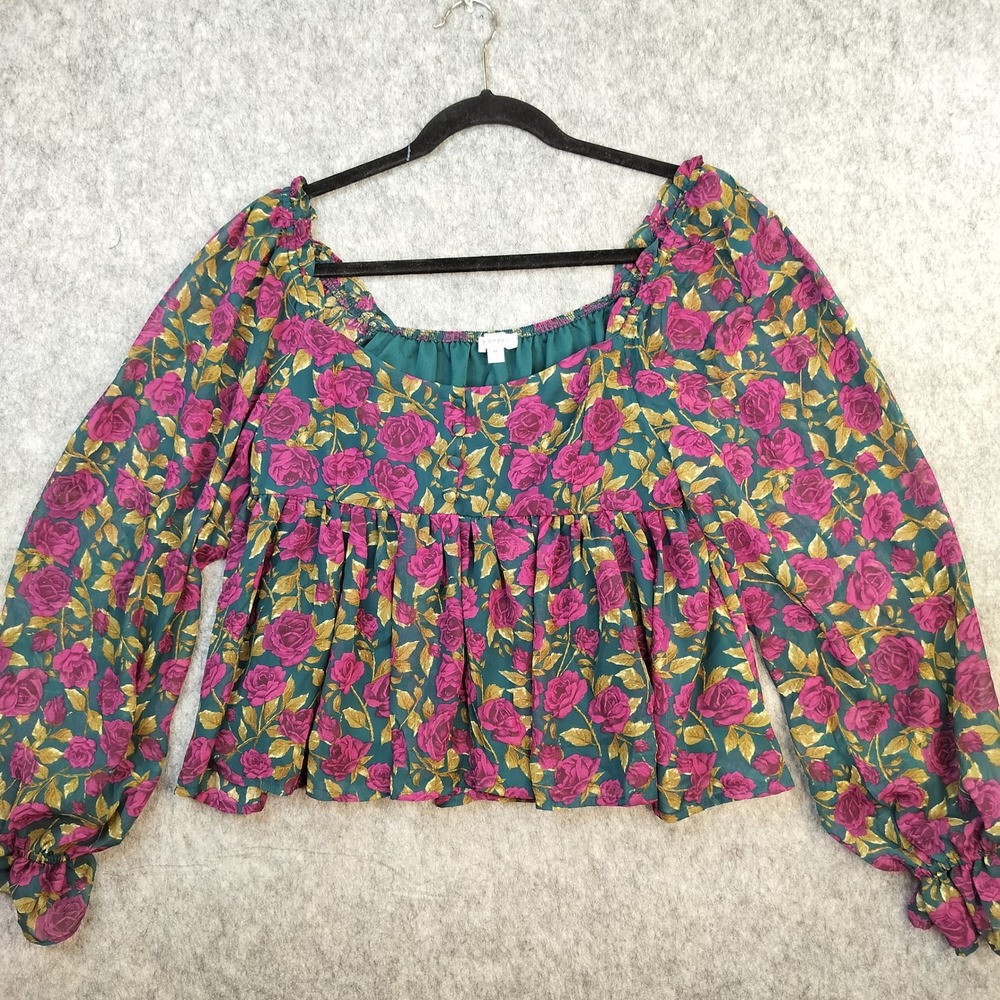 Blu Pepper Babydoll Top Womens Medium Floral Ruffled Cottagecore Teal Pink